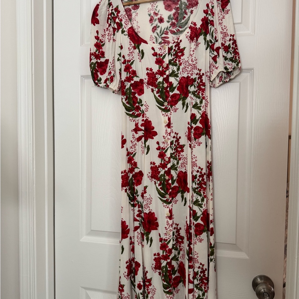 Reformation Red Maxi Sundress with Puff Sleeves and Scoop Neck